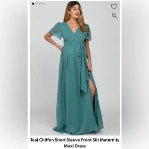 Maternity Teal Chiffon Short Sleeve Front Slit Maternity Maxi Dress